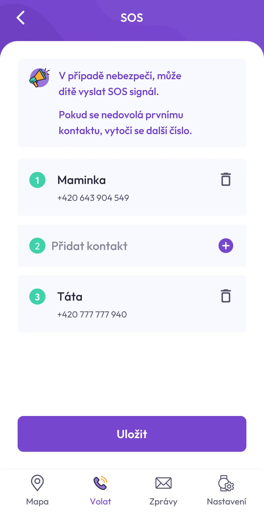 Snímek aplikace: pořadí kontaktů pro SOS