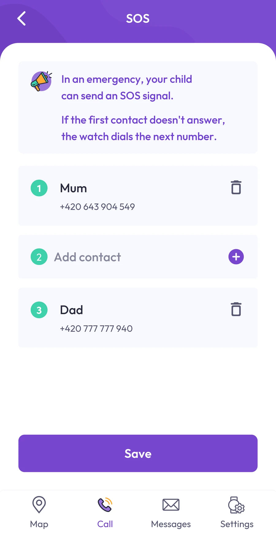 App screenshot: the order of SOS contacts