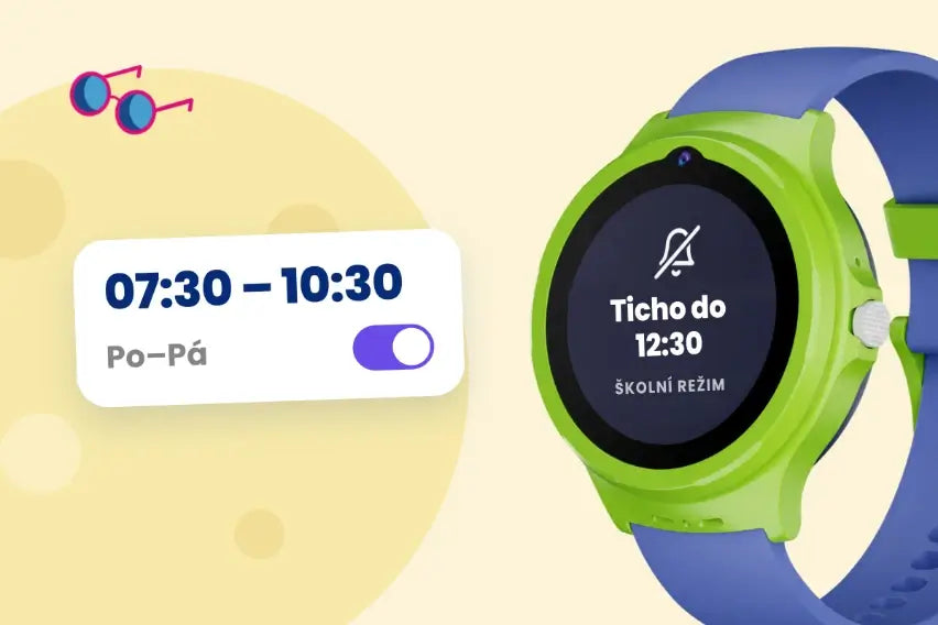 Přepínač „8:00–12:30 Po–Pá“ nad displejem s ikonou ztišení.