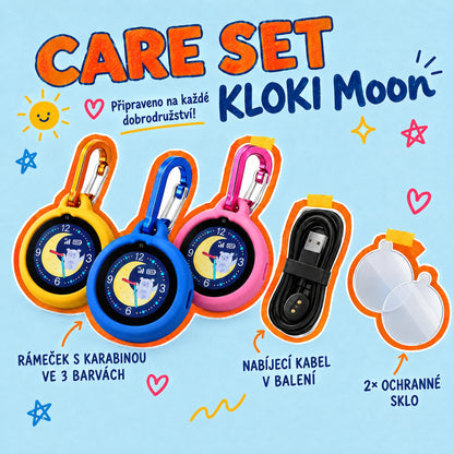 KLOKI Moon Care set: silikonový rámeček s karabinou ve třech barvách, nabíjecí kabel a 2× ochranné sklo