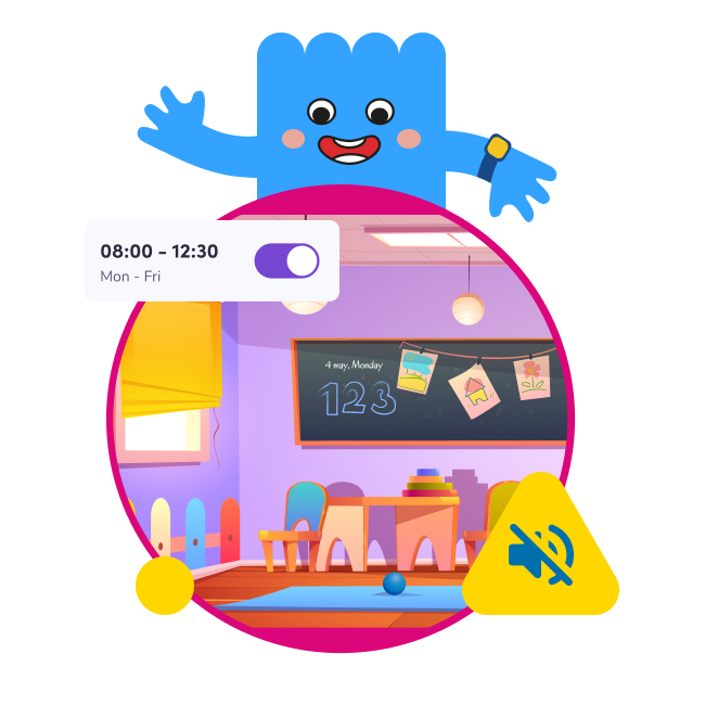 Školní režim dětských hodinek KLOKI – ilustrace tichého režimu během výuky s možností nastavení v aplikaci