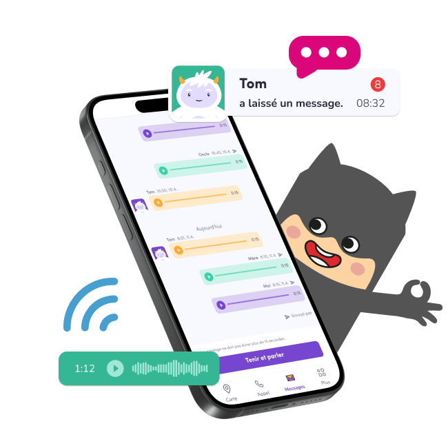 Voice messaging v aplikaci KLOKI – ukázka přehledné komunikace mezi rodičem a dítětem ve francouzském rozhraní
