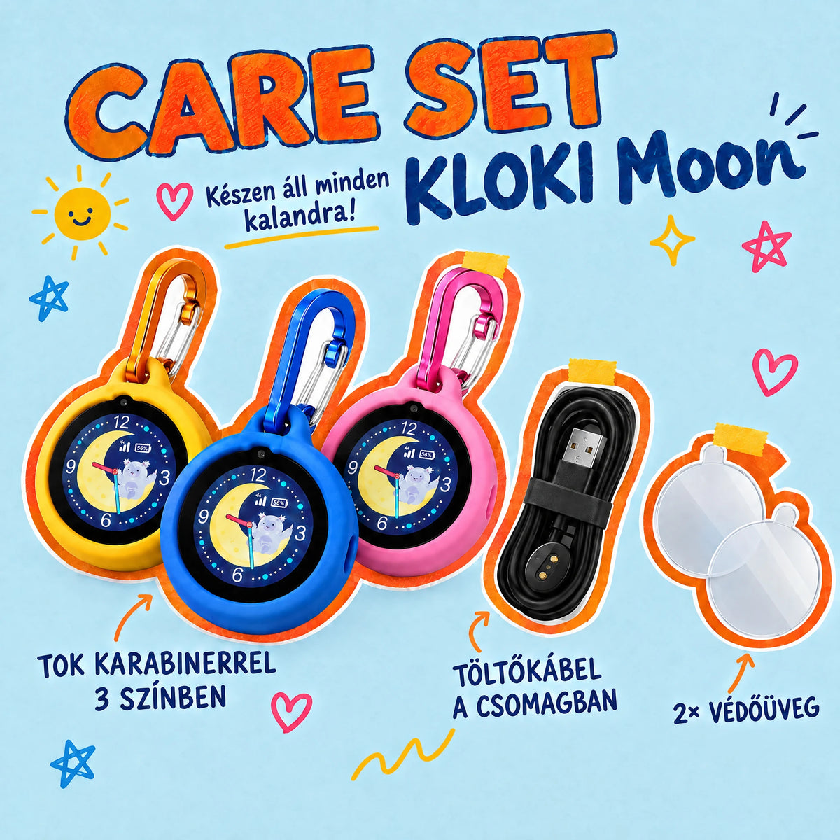 KLOKI Moon Care szett: szilikontok karabinerrel három színben, töltőkábel és 2× védőüveg