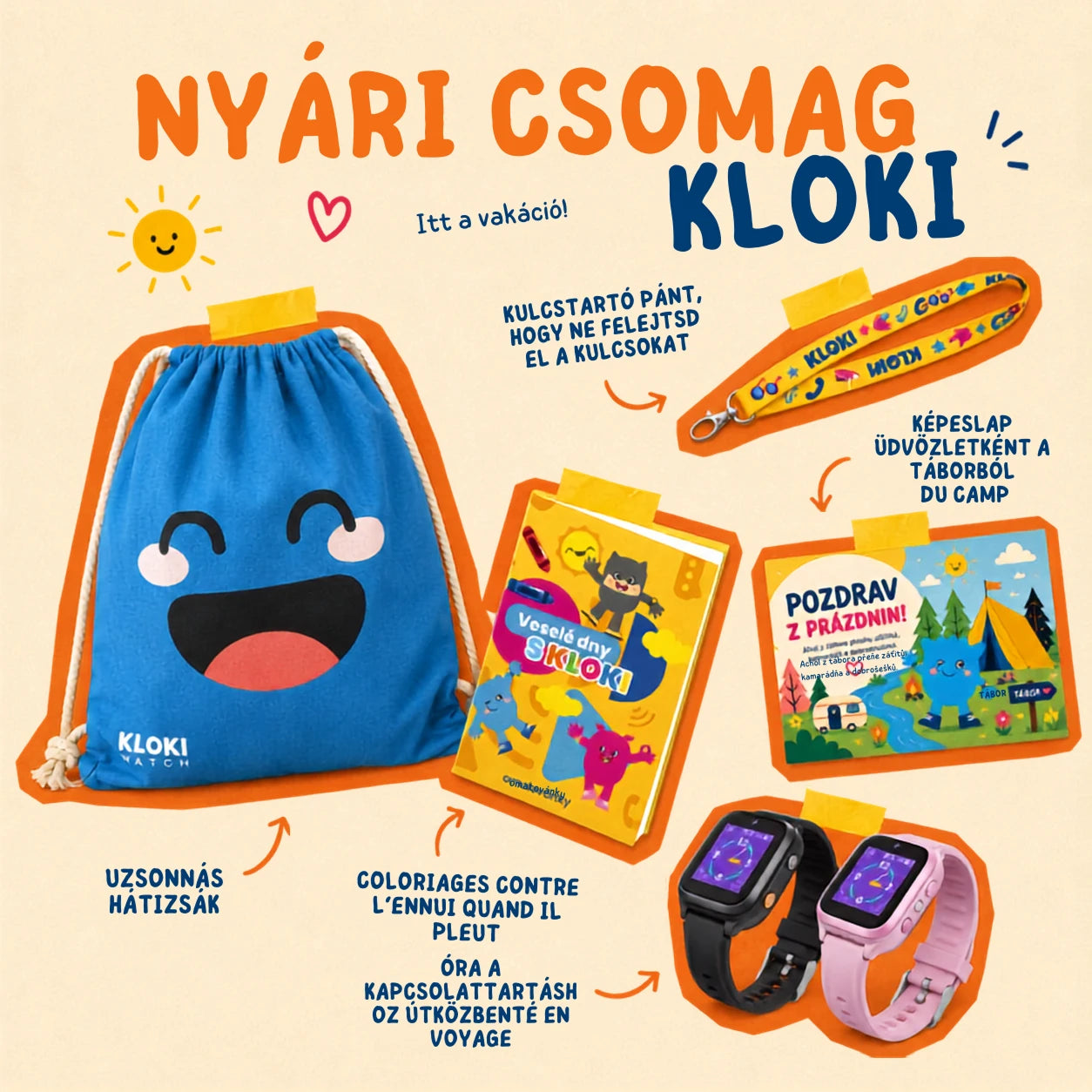 GPS-es gyerek okosóra hívásfunkcióval KLOKI Star - Rózsaszín | Nyári csomag