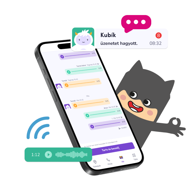 Voice messaging v aplikaci KLOKI – ukázka přehledné komunikace mezi rodičem a dítětem v maďarském rozhraní