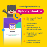 Grafika představující funkci volání přes dětské hodinky KLOKI na žlutém pozadí. Vyobrazuje výhody a funkce jako volání bez nutnosti vlastní SIM karty, SOS tlačítko s možností kontaktovat až tři důvěryhodné osoby, bezpečné hovory pouze s povolenými kontakty a komunikaci přes českou ústřednu. Součástí je i hravá ilustrace postavičky a náhled aplikace s kontaktem dítěte jménem „Amálka“.