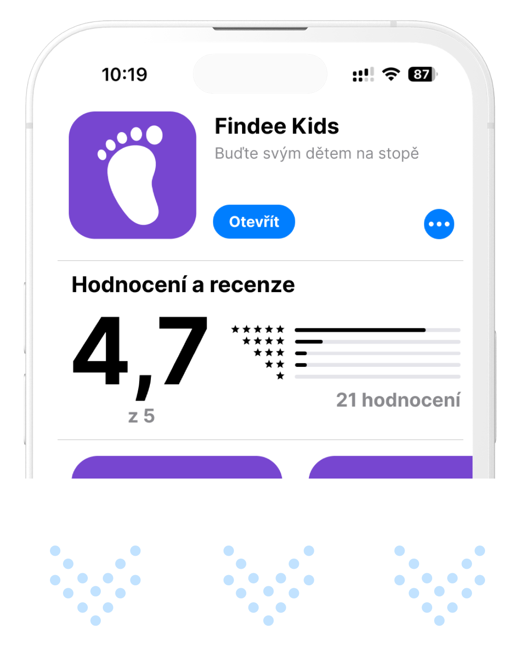 Mobilní aplikace Findee Kids – hodnocení 4,7 z 5 v App Store, náhled s ikonou a recenzemi uživatelů