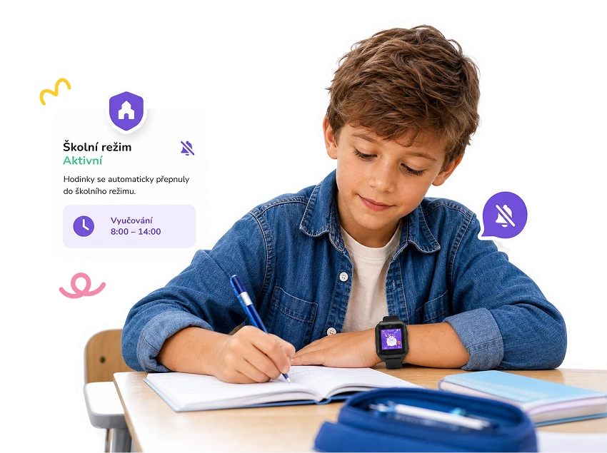 KLOKI school mode – a child writing in a notebook with the watch on their wrist and school mode active