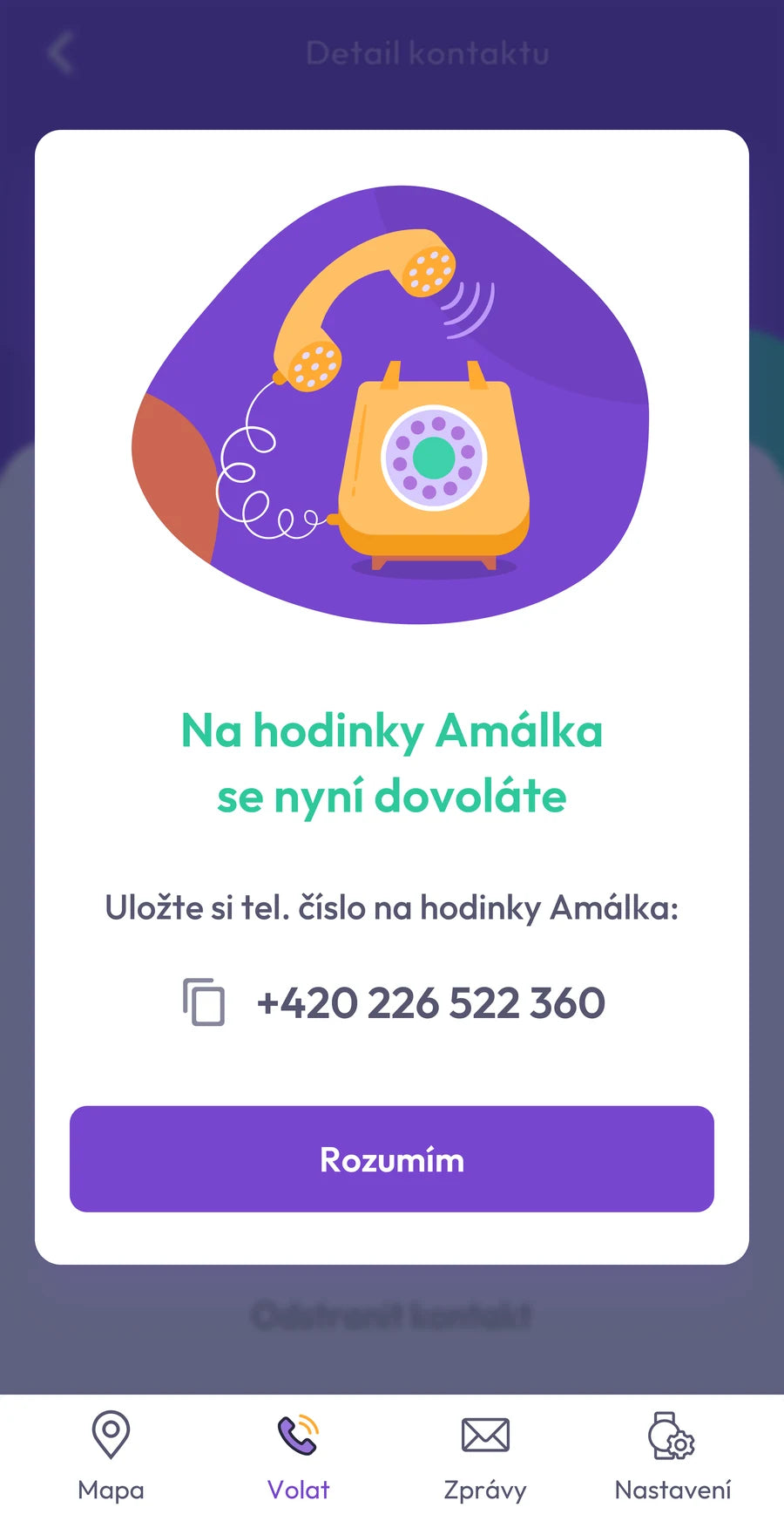 Snímek aplikace: detail schváleného kontaktu s číslem hodinek