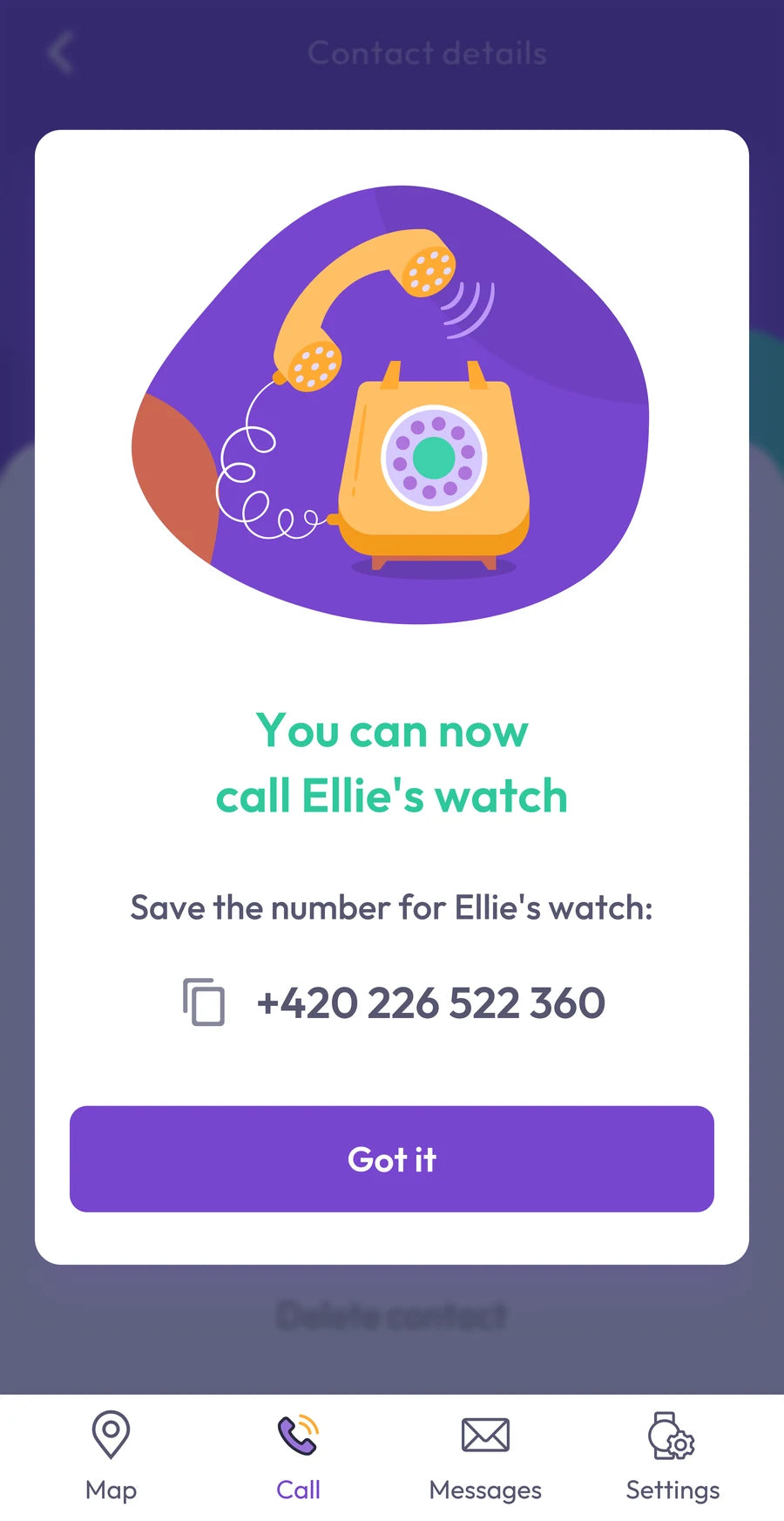 App screenshot: the details of an approved contact, with the watch's number