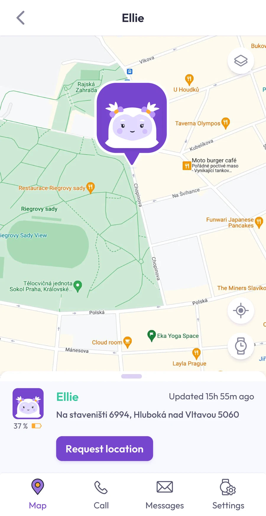 App screenshot: a map with your child's location, the time of the last update and the watch's battery level