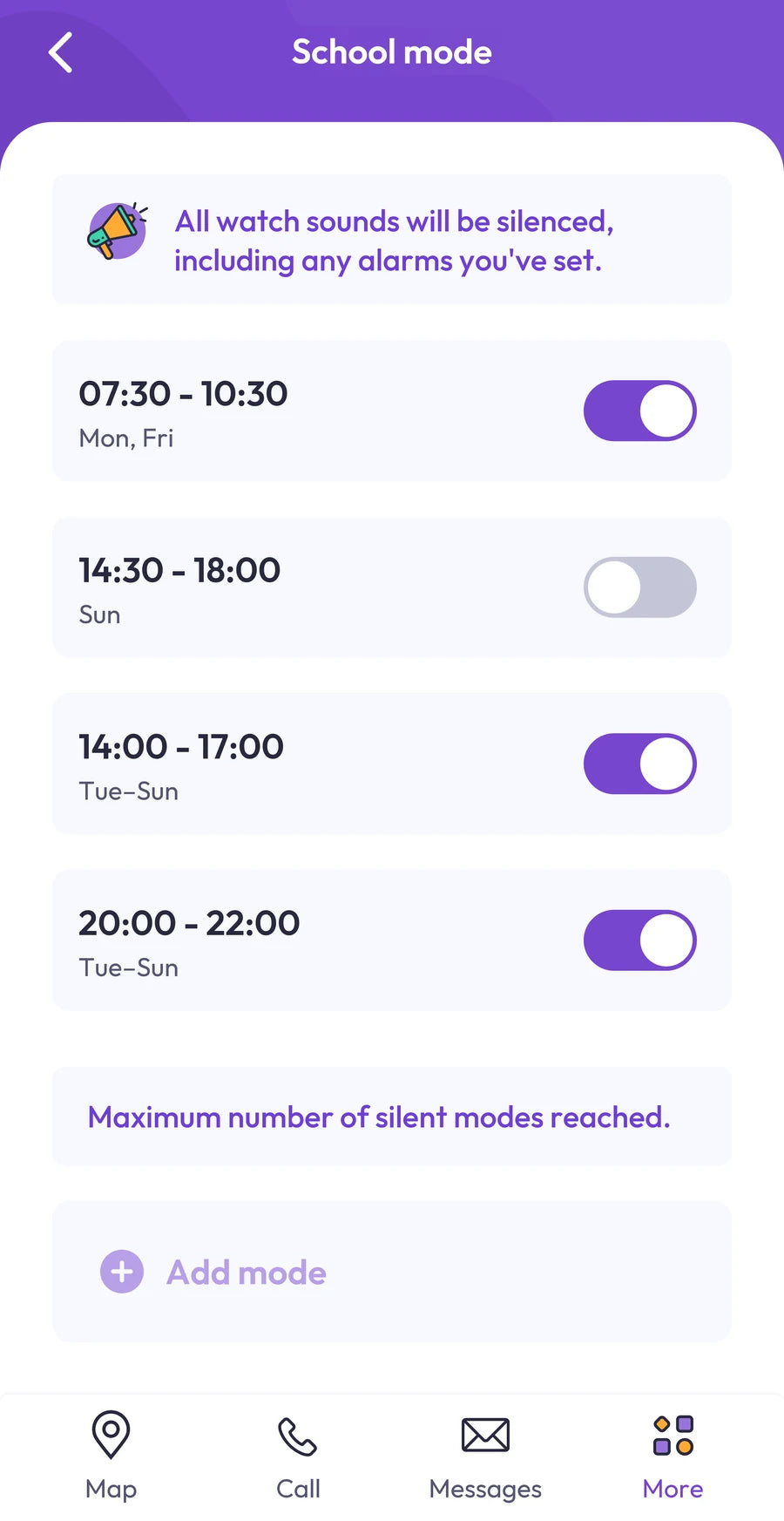 App screenshot: the school mode settings with times and days