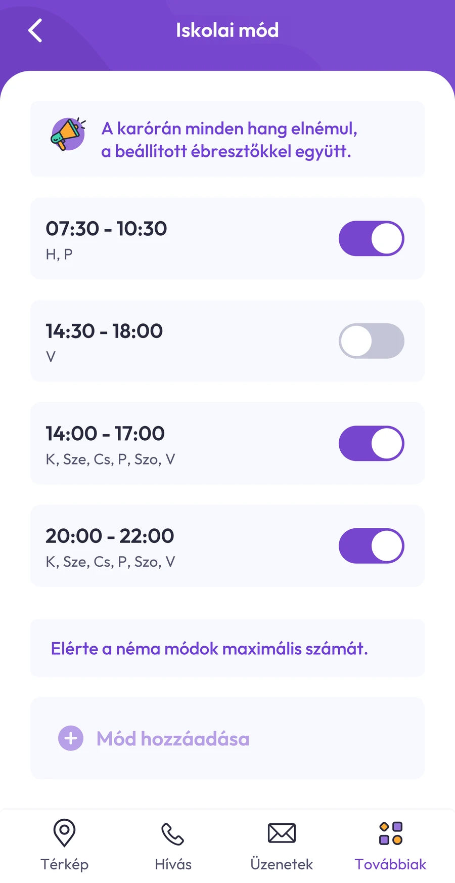 Képernyőkép az alkalmazásból: az iskolai mód időpontjainak beállítása