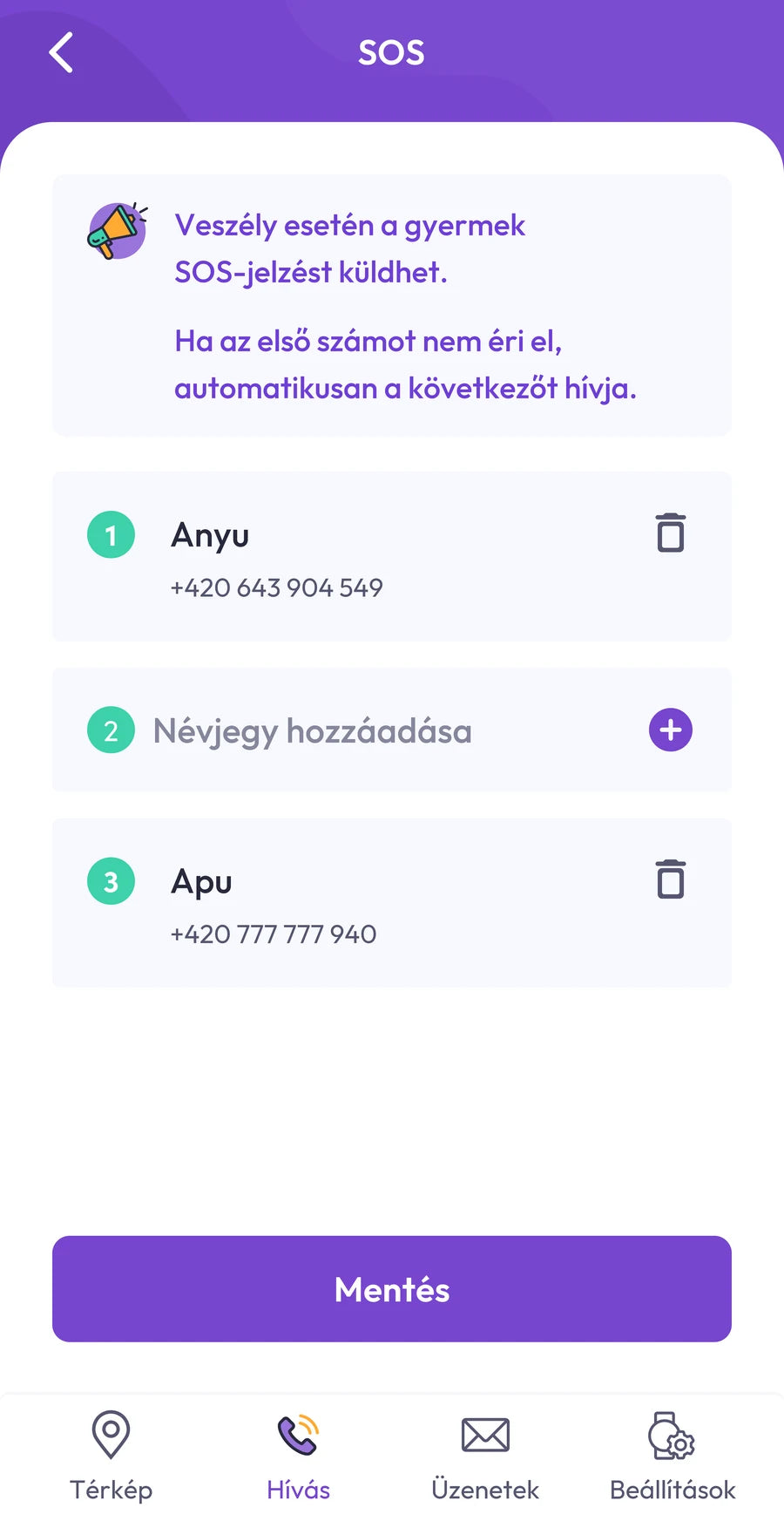 Képernyőkép az alkalmazásból: az SOS-kapcsolatok sorrendje