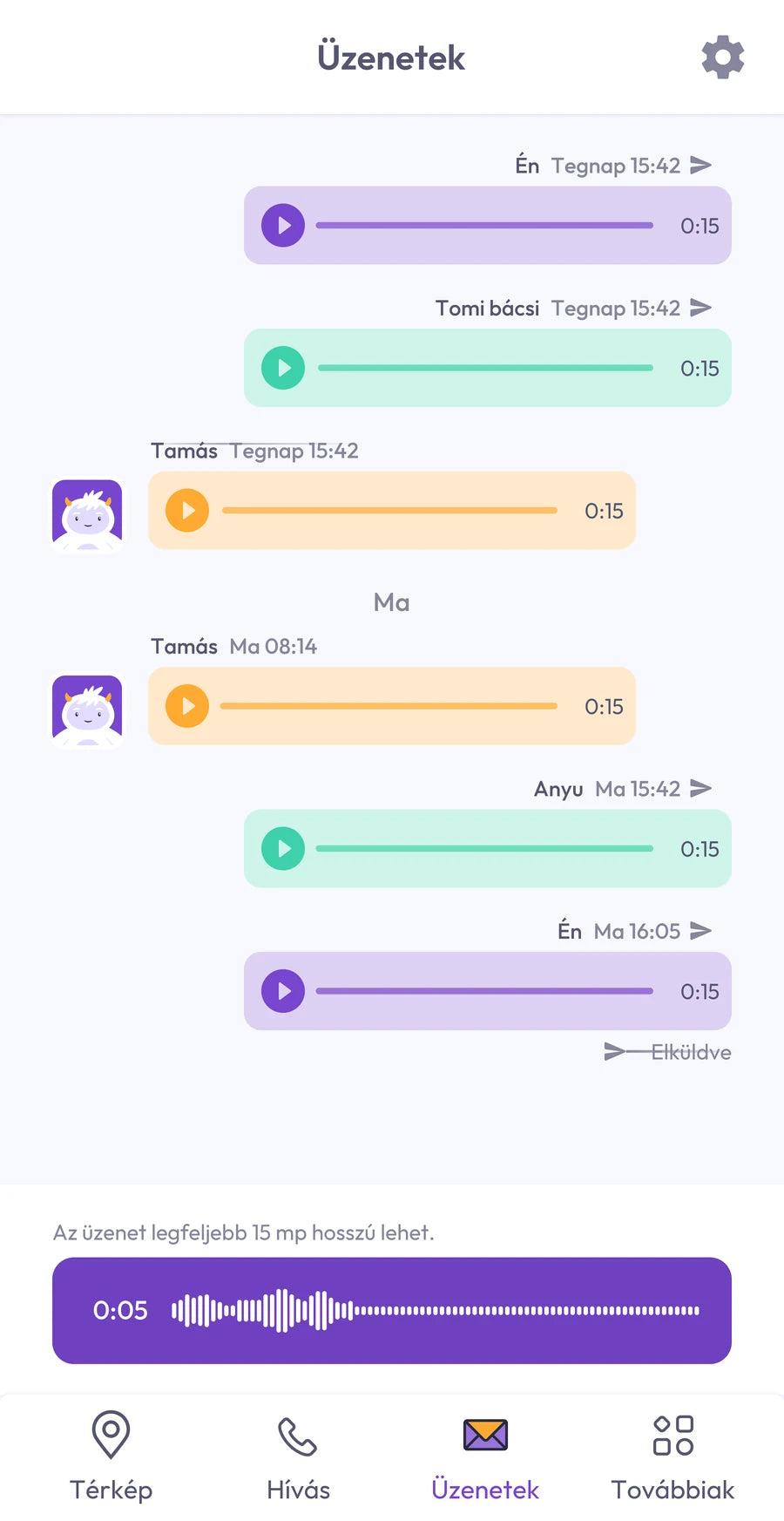 Képernyőkép az alkalmazásból: családi chat hangüzenetekkel
