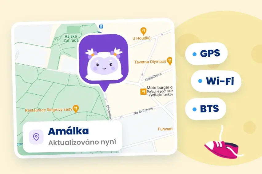 Mapa v appce s aktuální polohou dítěte a časem posledního záznamu.