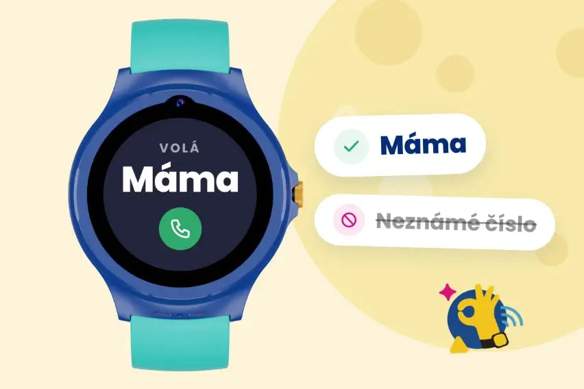 Hovor „Máma“ na displeji + přeškrtnuté neznámé číslo.